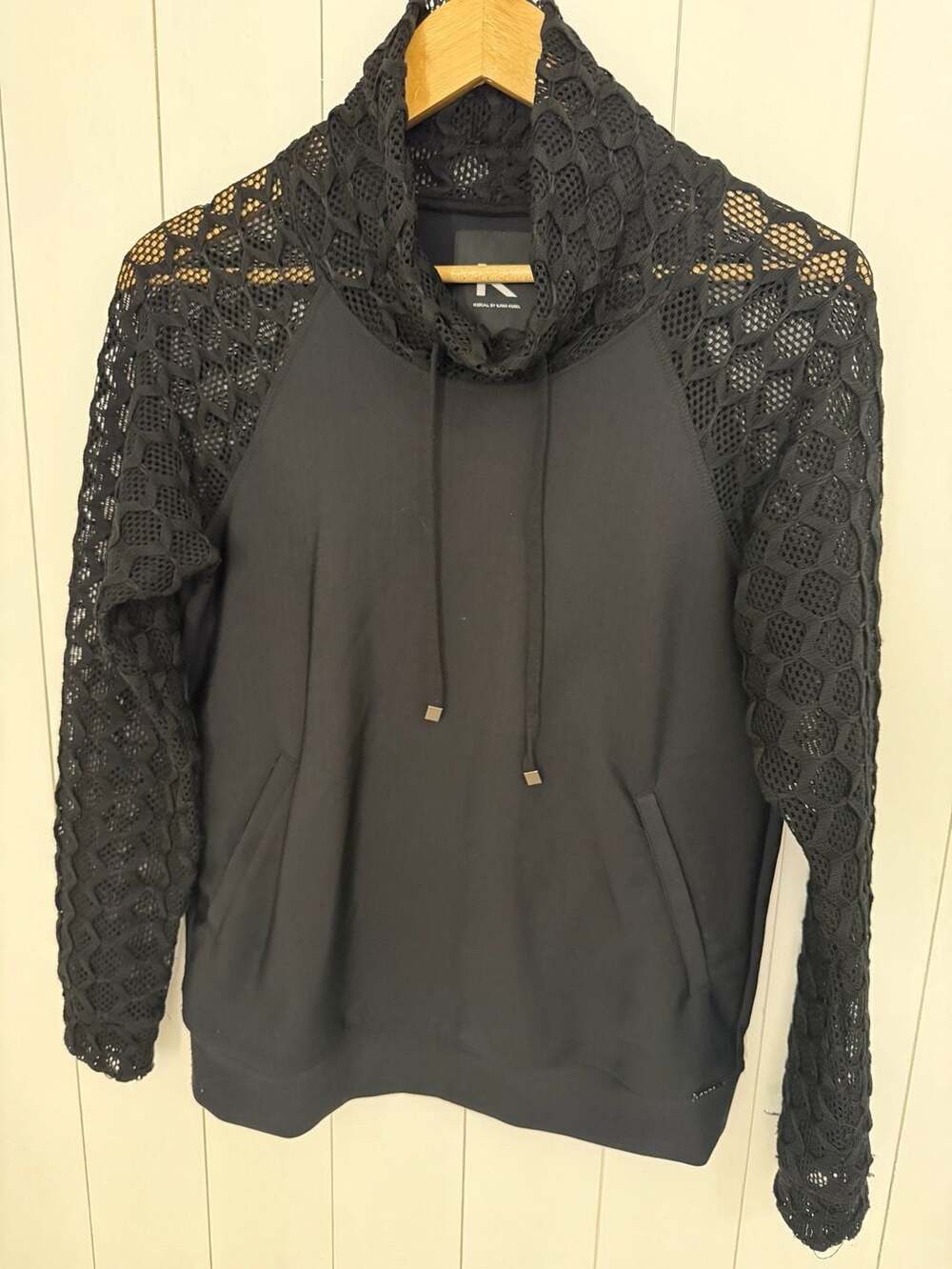 Koral by Ilana Kugel Hoodie Size S Black Mesh Sleeve Pullover Sweatshirt